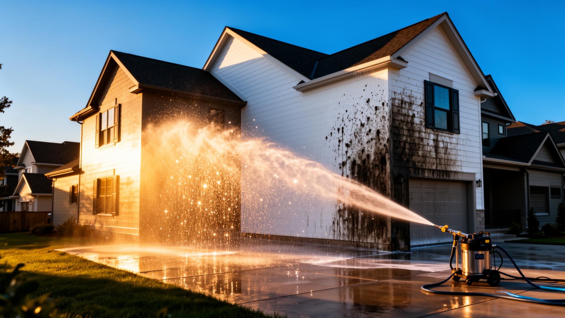 Pressure washing a luxury home at golden hour